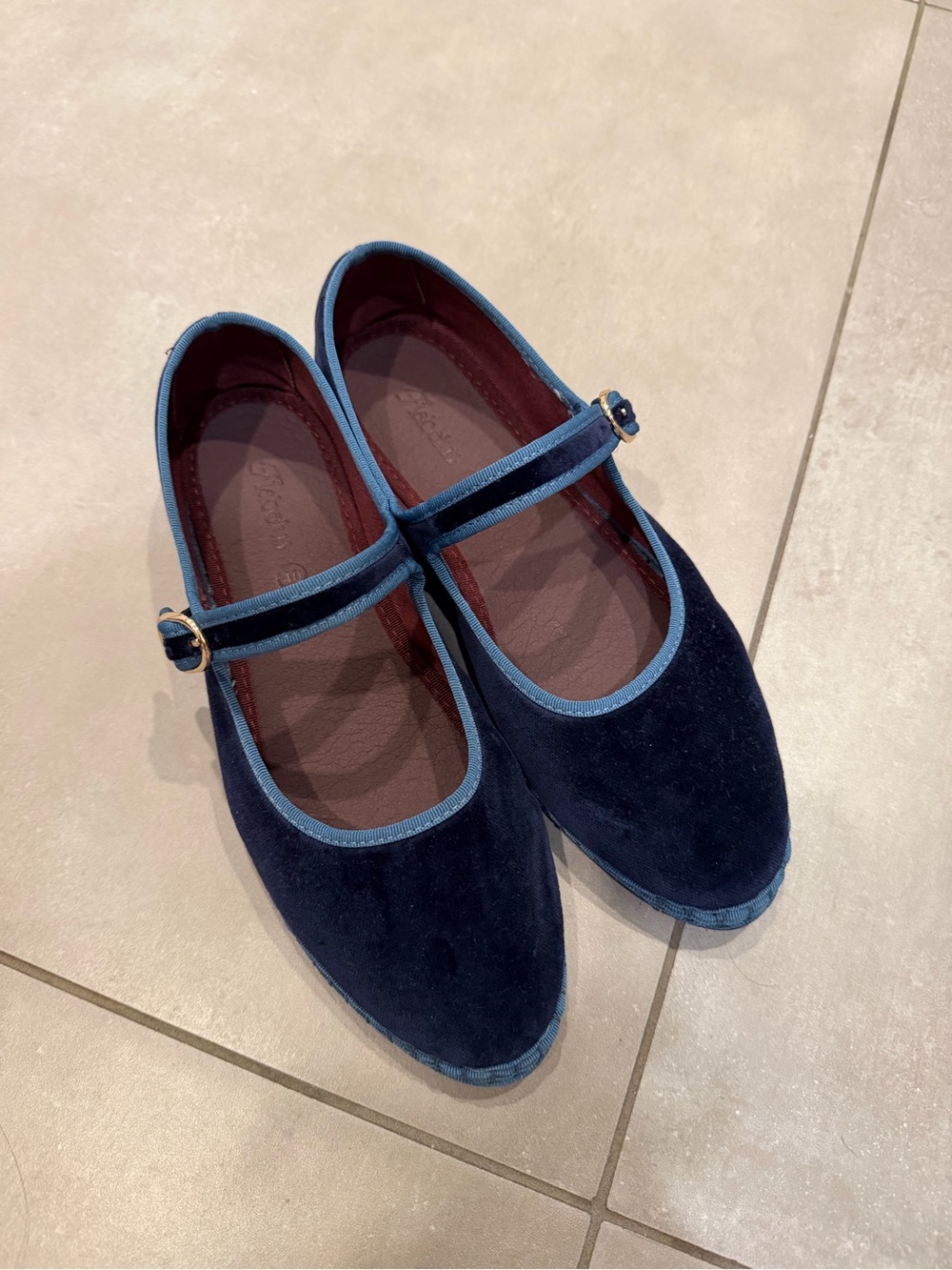 Flabelus Blue Velvet Mary Jane Flats with Bright Trim - NEVER WORN!
